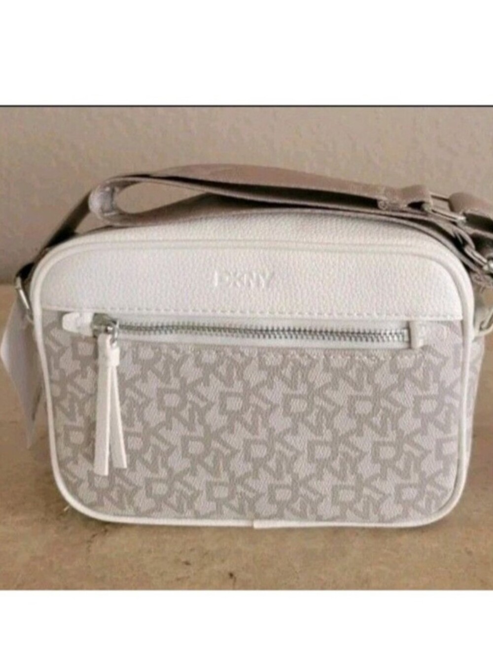 Crossbody Bag DKNY Women's Brown White Zipper Adjustable Logo Front Pocket New